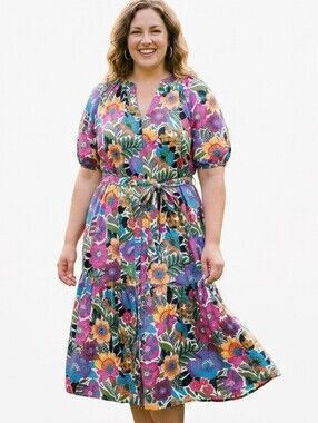 Sugarlips Floral Cotton Tiered Midi Dress Puff Sleeve Sz 1X Pockets Boho Cottage
